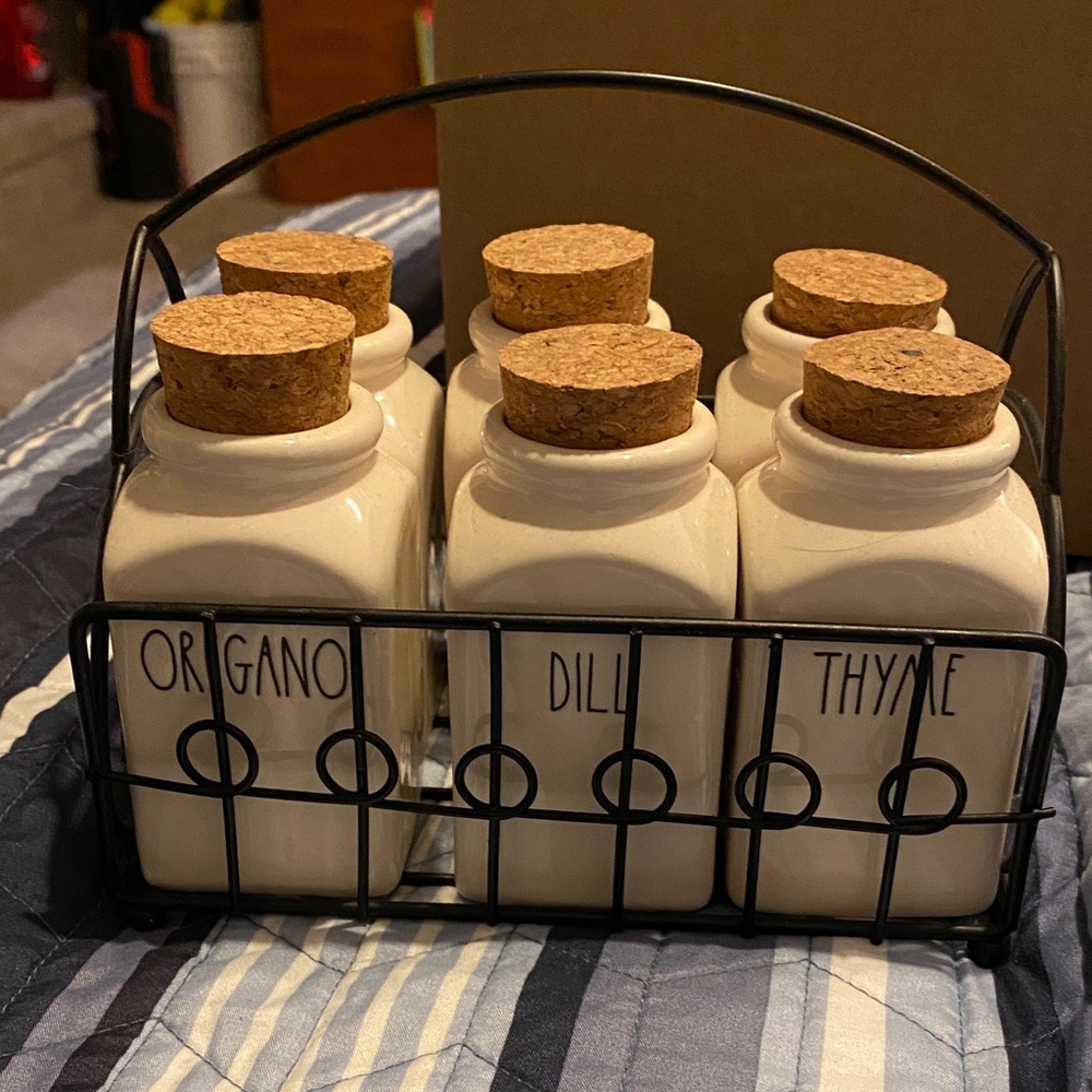Rae Dunn Cream Spice Jars with Cork Lids and Black Rack